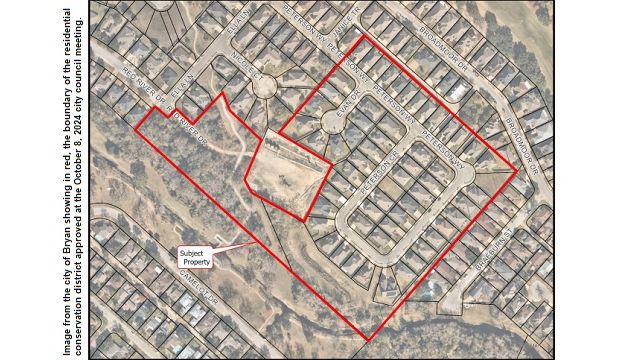 Image from the city of Bryan showing in red, the boundary of the residential conservation district approved at the October 8, 2024 city council meeting.