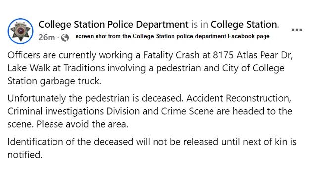 Screen shot from the College Station police department's Facebook page.