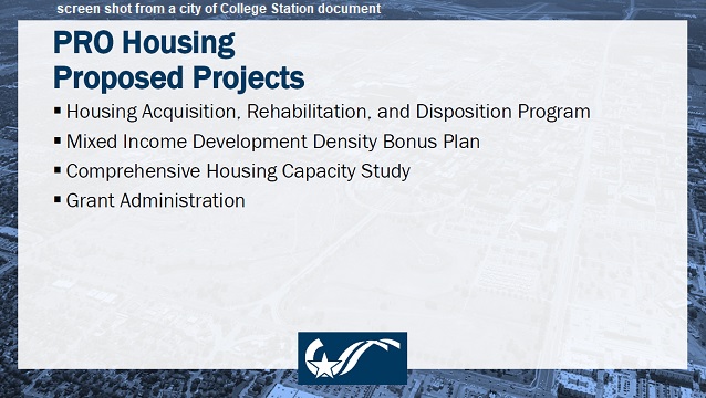 Screen shot from a city of College Station document showing options if the city is awarded federal housing grant money.