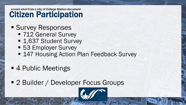 Screen shot from a city of College Station document showing the citizen participation that went into developing a housing action plan that was adopted at the September 26, 2024 city council meeting.