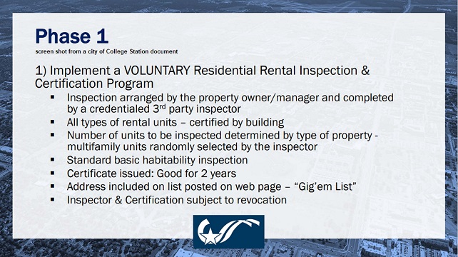 Screen shot from a city of College Station document, listing some of the features of the proposed voluntary rental inspection ordinance.