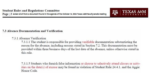 Screen shot from a document found in the agenda of the October 14, 2024 Texas A&M faculty senate meeting.