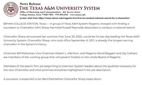 Screen shot from https://news.tamus.edu/regents-hire-firm-to-conduct-national-search-for-a-chancellor/