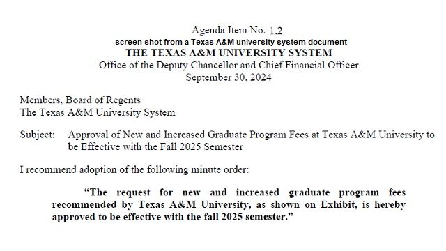 Screen shot from a Texas A&M university system document.