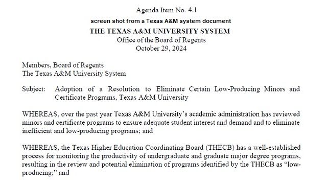 Screen shot from a Texas A&M system document.