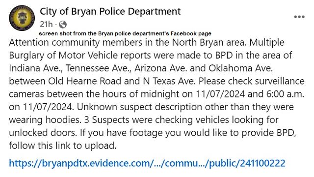 Screen shot from the Bryan police department's Facebook page.