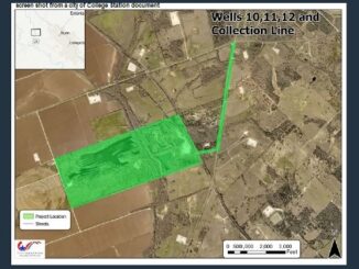 Screen shot from a city of College Station document showing the location of three new water wells in the area of Sandy Point Road and OSR highway.