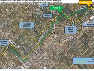 Screen shot from a city of College Station document showing the broken yellow line that is the new route of the sewer trunk line that was relocated from the Beverly Estates/Rosemary Drive area of south Bryan.