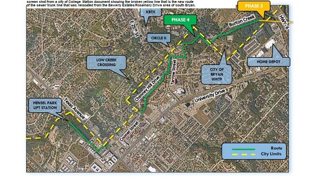 Screen shot from a city of College Station document showing the broken yellow line that is the new route of the sewer trunk line that was relocated from the Beverly Estates/Rosemary Drive area of south Bryan.