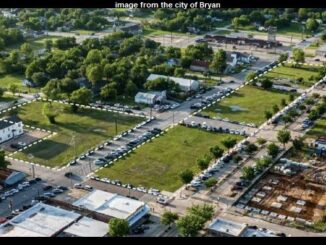 Image from the city of Bryan showing in the dotted lines the location of the future downtown north hotel and two commercial and residential buildings.