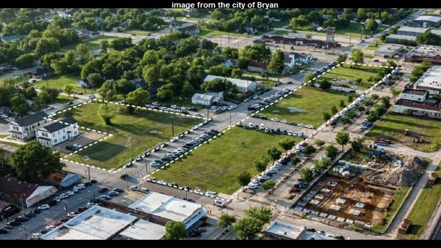 Image from the city of Bryan showing in the dotted lines the location of the future downtown north hotel and two commercial and residential buildings.