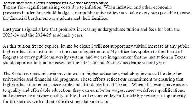 Screen shot from a letter provided by Governor Abbott's office.