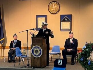 At the 2024 Veterans Day program at the Bryan American Legion, (L-R) post chaplain Steve Kim, featured speaker retired Navy captain Brady Drennan, and post commander James Andrews.