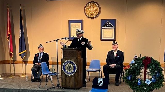 At the 2024 Veterans Day program at the Bryan American Legion, (L-R) post chaplain Steve Kim, featured speaker retired Navy captain Brady Drennan, and post commander James Andrews.