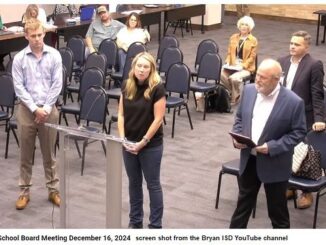 Screen shot from Bryan ISD's YouTube channel showing (L-R) Matthew McMahon, Sarah McMahon, and David Reynolds.