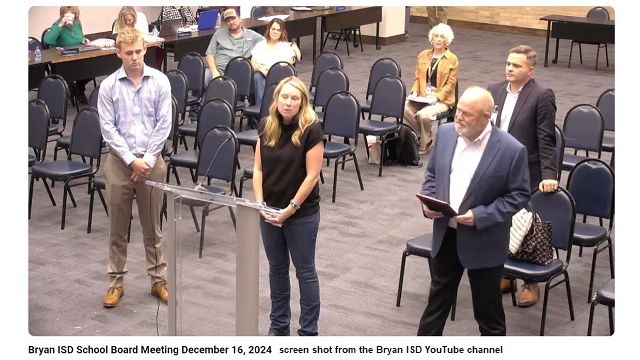 Screen shot from Bryan ISD's YouTube channel showing (L-R) Matthew McMahon, Sarah McMahon, and David Reynolds.