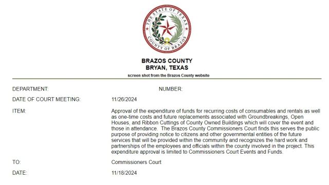 A screen shot from the Brazos County website what county commissioners approved during their meeting on November 26, 2024.