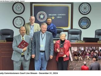 Screen shot from the Brazos County YouTube channel showing (front row L-R) Steve Aldrich, Duane Peters and Nancy Berry and (back row L-R) Chuck Konderla and Wanda Watson. Aldrich and Berry received plaques for their service during the December 31, 2024 county commission meeting.