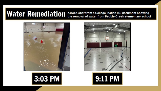 Screen shot from a College Station ISD document showing the water removal from flooding at Pebble Creek elementary school.