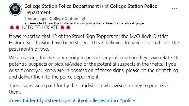 Screen shot from the College Station police Facebook page.