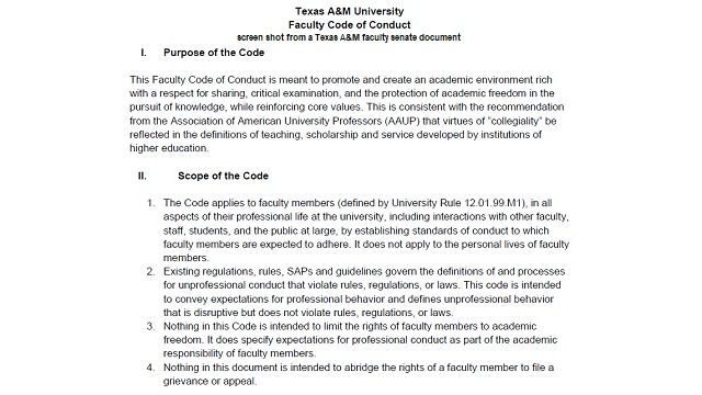 Screen shot from a Texas A&M faculty senate document.