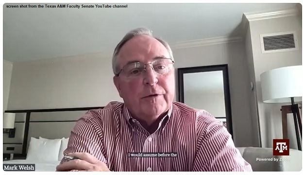 Screen shot of Texas A&M president Mark Welsh from the A&M faculty senate YouTube channel.