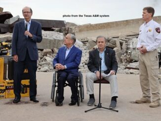 Photo courtesy of the Texas A&M system showing (L-R) the president/CEO of Stanley Black & Decker Don Allan Jr., governor Greg Abbott, system chancellor John Sharp, and the chief of the Texas Division of Emergency Management, an A&M system agency, Nim Kidd.