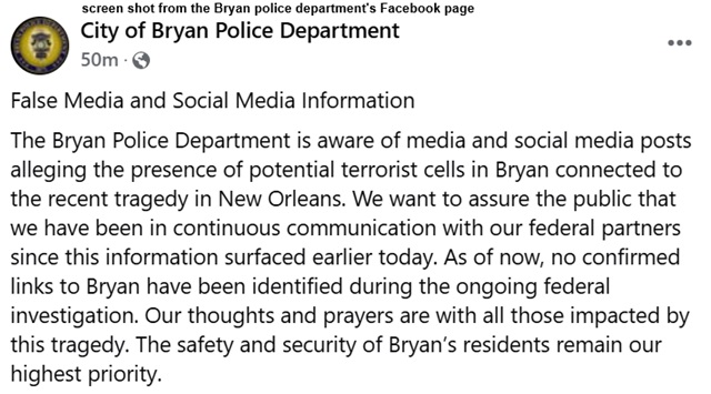 Screen shot from the Bryan police department's Facebook page.