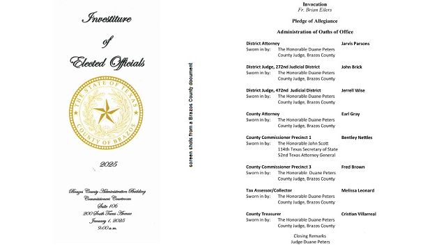 Screen shots of the Brazos County elected official investiture program that was held January 1, 2025.