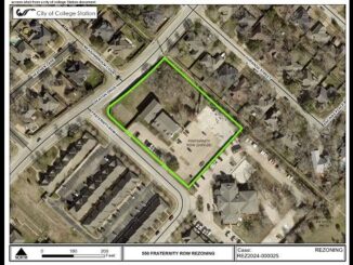 Screen shot from a city of College Station document showing in the green box, the location of the Aggieland Pregnancy Outreach rezoning.