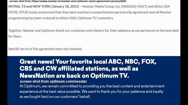 Screen shots from https://www.nexstar.tv/nexstar-and-optimum-reach-agreement-january2025/ and https://www.optimum.com/Nexstar