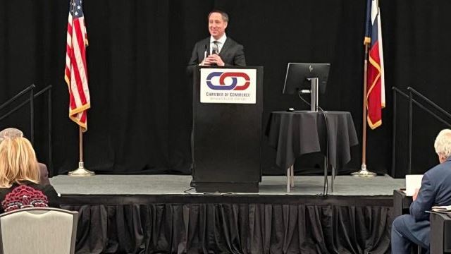 Texas state comptroller Glenn Hegar speaking at the Bryan/College Station chamber of commerce economic outlook conference, January 23 2025.