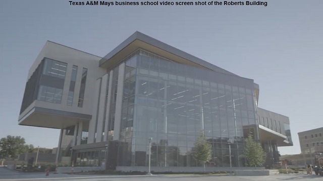 Screen shot from a Texas A&M Mays business school video of the Roberts Building.