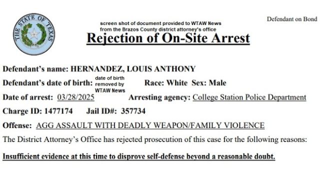 Screen shot from a document provided to WTAW News by the Brazos County district attorney's office.