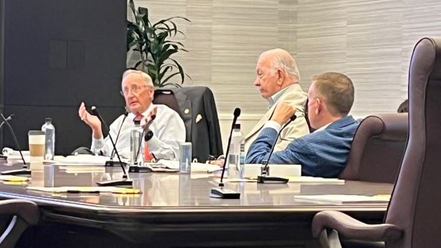 (L-R) Texas A&M system board of regents chairman Bob Albritton, Sam Torn, and David Baggett at the April 22, 2025 building committee meeting.