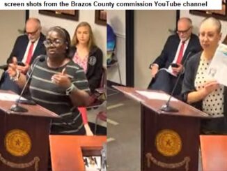 Screen shots of (L-R) Stephanie Smith and Sabrina Brown from the Brazos County commission YouTube channel.