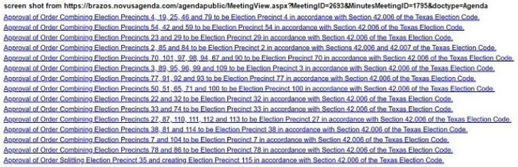 Screen shot from a Brazos County document listing election precinct changes that were approved at the April 29, 2025 commission meeting.