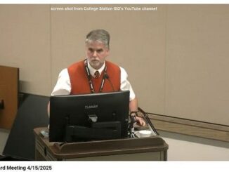 Screen shot from College Station ISD's YouTube channel of Rock Prairie elementary principal Jeff Durand addressing the school board on April 15, 2025.