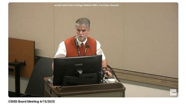 Screen shot from College Station ISD's YouTube channel of Rock Prairie elementary principal Jeff Durand addressing the school board on April 15, 2025.