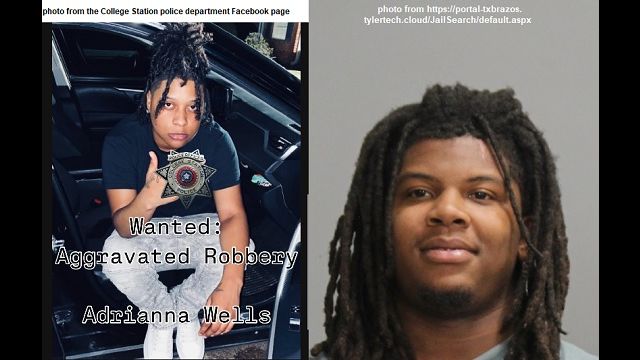 Image of (L) Adrianna Wells from the College Station police department and the photo of (R) Dagarray Curley from https://portal-txbrazos.tylertech.cloud/JailSearch/default.aspx