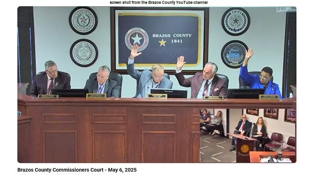 Screen shot from the Brazos County YouTube channel of the May 6, 2025 commission meeting showing (L-R) commissioners Bentley Nettles and Chuck Konderla, county judge Duane Peters, and commissioners Fred Brown and Wanda Watson.