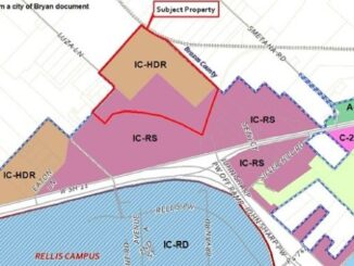 City of Bryan image showing in the red outline, the area that was rezoned at the May 20, 2025 city council meeting.