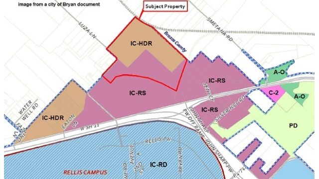 City of Bryan image showing in the red outline, the area that was rezoned at the May 20, 2025 city council meeting.