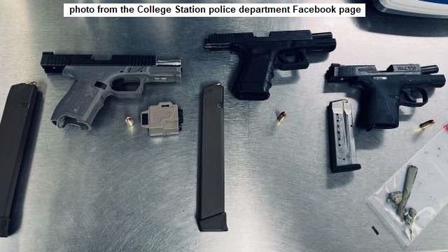Photo from the College Station police department Facebook page of guns seized following a traffic stop on May 29, 2025.