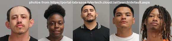 Photos of (L-R) Adam Lopez, Courtney Johnson, Rogelio Bahena, Jose Huerta Jr., and Darrius Smith from
https://portal-txbrazos.tylertech.cloud/JailSearch/default.aspx