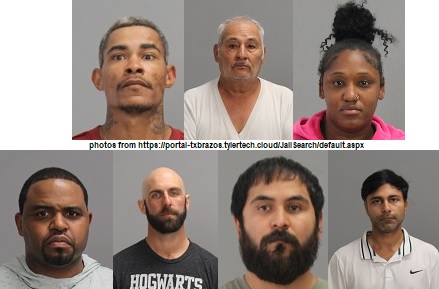 Photos (top row L-R) of Sheldon Renchie, Sylvestre Godinez, Bianca Terrell, (bottom row L-R) Lonnie Lowry, Christopher Neef, Victor Davaloz, and MD Islam from https://portal-txbrazos.tylertech.cloud/JailSearch/default.aspx