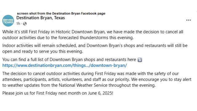 Screen shot from the Destination Bryan Facebook page.
