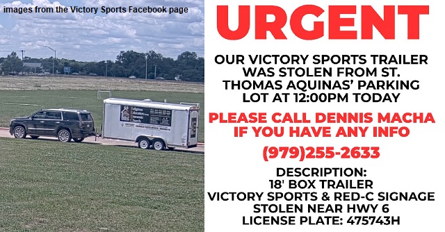 Images from the Victory Sports Facebook page of the SUV pulling the stolen RED-C trailer and contact information if you spot the trailer.