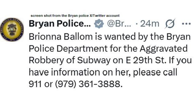 Screen shot from the Bryan police X/Twitter account.