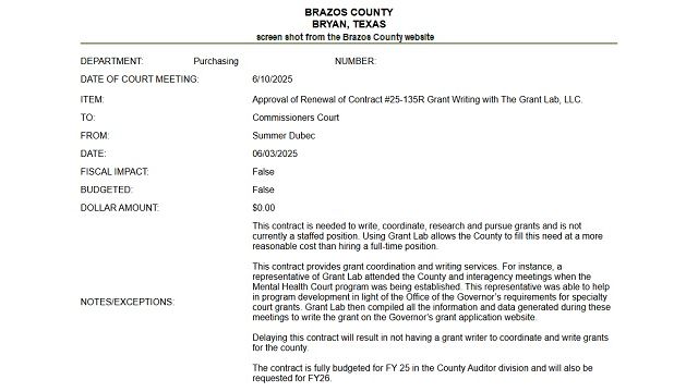 Screen shot from a Brazos County document.